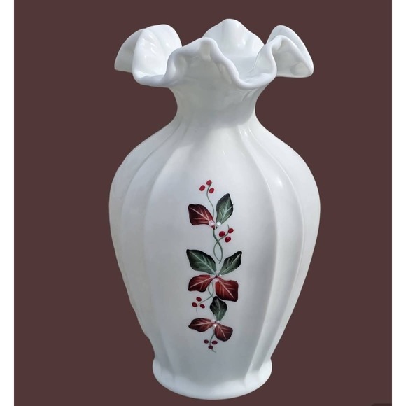 Vintage Hand Painted White Milk Glass Fenton Vase - Picture 1 of 6
